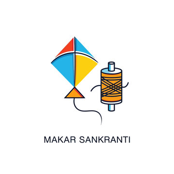 Colorful Kite and Spool of Thread Celebrating Makar Sankranti Festival.