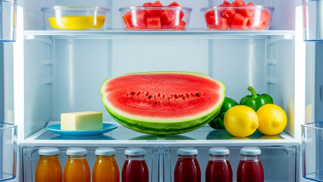 Fresh refrigerator stocked with colorful fruits, vegetables, juices ready for healthy eating and wellbeing