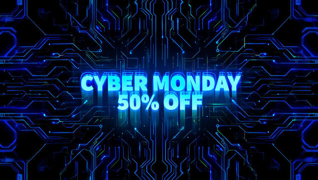 Cyber monday neon sign offering 50 percent off against a dark futuristic abstract digital circuit board background 