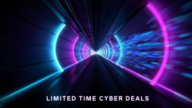 Abstract futuristic neon tunnel with glowing blue and pink lights creating a sense of speed and technology Cyber Monday