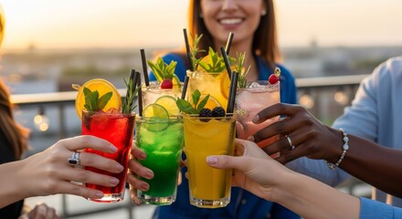 Friends Toasting with Colorful Non-Alcoholic Mocktails. diverse group of friends clinking glasses filled with colorful, garnished mocktails Represents sober lifestyle, celebration, friendship