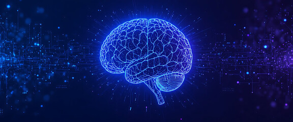 Brain hologram projecting AI code streams, sci-fi spotlight, sleek commercial design, clean dark plain background, copy space on the left,