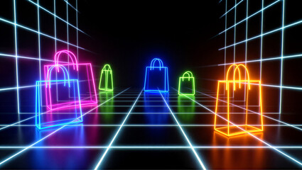 Vibrant neon shopping bags glow in a futuristic grid tunnel representing online shopping and digital commerce Cyber Monday