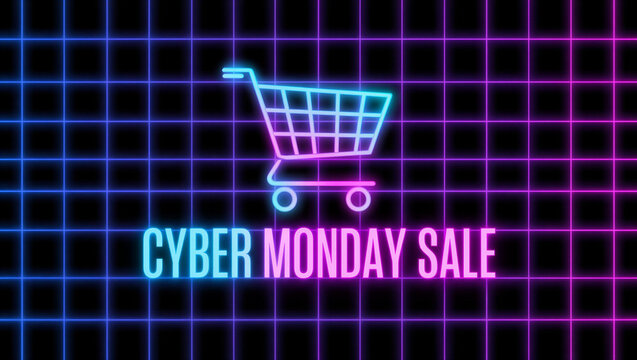 Glowing neon shopping cart icon and cyber monday sale text on a dark grid background