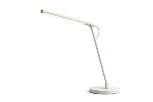 Modern white desk lamp isolated on transparent backdrop, minimalist design