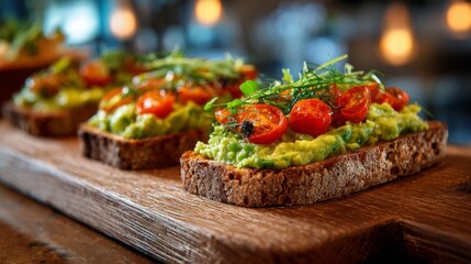 Fresh Avocado Toast with Roasted Cherry Tomatoes and Garnish Served on Rustic Wooden Board in Bright Restaurant Setting