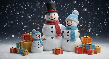 Three cheerful snowmen with colorful scarves and hats stand in a snowy landscape surrounded by wrapped Christmas presents under falling snowflakes.