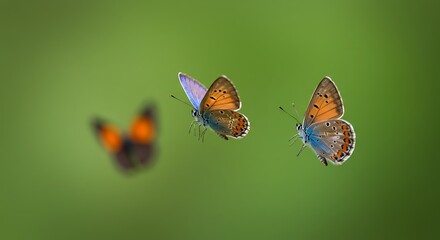 Three vibrant butterflies in various stages of focus, showcasing their delicate wings against a soft green background, capturing the essence of natures beauty.