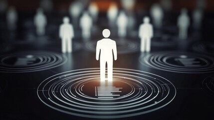 Amid multiple figures, a vivid red figure stands out, embodying individuality in a vast digital network