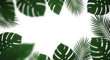 Tropical Green Leaves Frame on White Background with Copy Space.