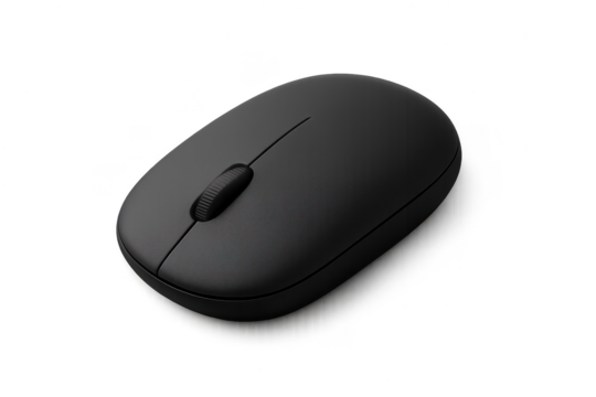 Sleek black wireless computer mouse isolated on transparent background, modern design