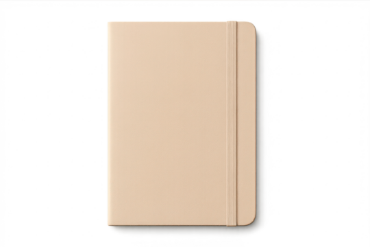 Closed neutral beige hardcover notebook isolated on transparent background