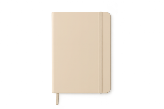 Beige notebook with elastic band isolated on transparent background, mockup