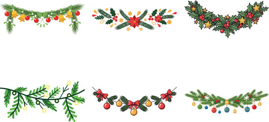 Set of six different decorative green garlands isolated on transparent background, perfect for festive designs and holiday decorations