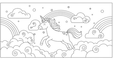 Unicorn in the Clouds with Rainbows Coloring Page.