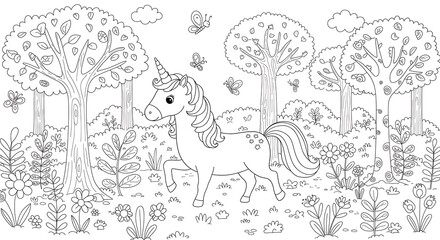Unicorn in a Magical Forest Coloring Page for Children.