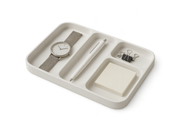 Minimalist desk organizer with watch and pen isolated on transparent backdrop.