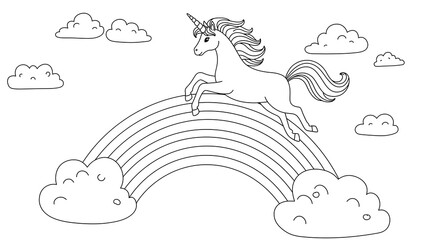 Unicorn on a Rainbow Coloring Page.
