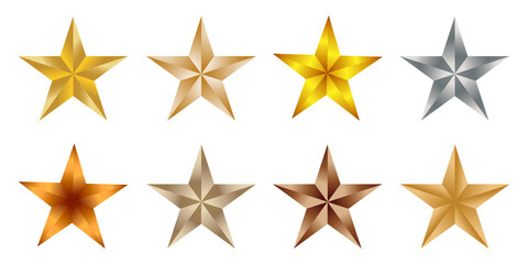 Obraz premium Collection of eight metallic stars in gold silver bronze and copper colors