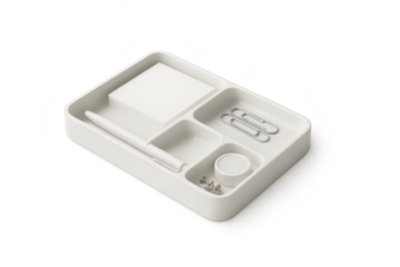 White desk organizer tray with office supplies isolated on transparent background