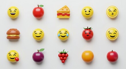 Variety of Food and Emoji Icons on White Background.