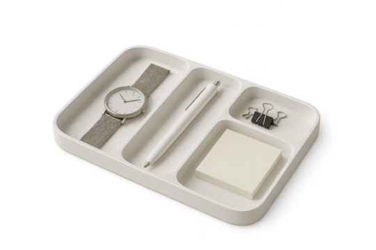 Minimalist desk organizer with watch and pen isolated on transparent backdrop. - Powered by Adobe