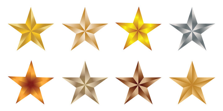 Collection of eight metallic stars in gold silver, bronz,e and copper colors