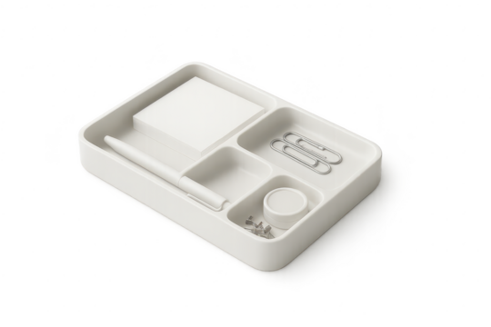 White desk organizer tray with office supplies isolated on transparent background