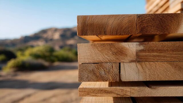 Golden hour close-up showing nails, splinters, and grain details on a stack of aged pallets, background softly blurred with orange sky