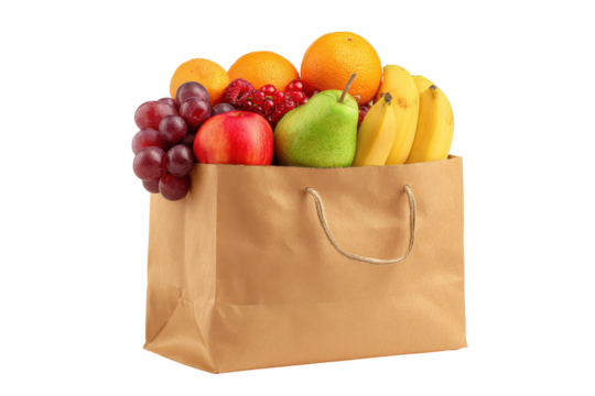 Brown paper grocery bag filled with fresh fruits isolated on transparent background. Fresh produce in paper bag ready for healthy eating isolated on white background.