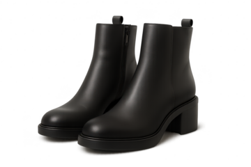 Elegant pair of black leather ankle boots isolated on a transparent backdrop