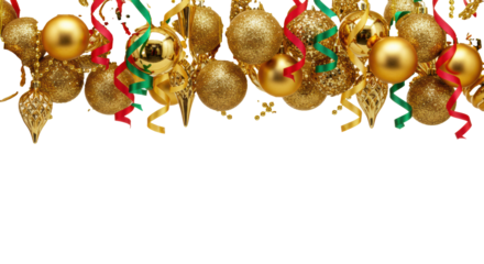 opulent gold baubles (mercury glass, crushed glitter) with deep crimson and forest green satin ribbons draped against a transparent background providing clean copy space. Concept for luxury holiday