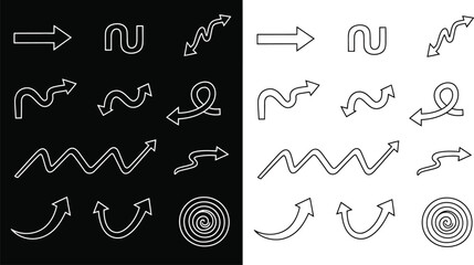Collection of abstract white line arrows and swirls on black and white backgrounds
