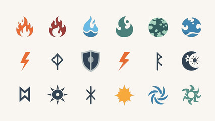 Collection of elemental and mystical symbols in a flat design style.