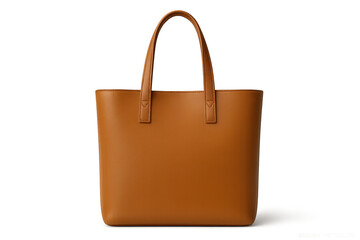 Elegant tan leather tote bag isolated on transparent background, studio shot
