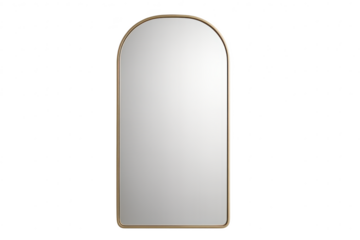 Elegant arch-shaped mirror with golden frame isolated on transparent background.