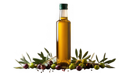 Tall glass bottle of golden extra virgin olive oil surrounded by fresh green and black olives and olive tree branch leaves, isolated on transparent background