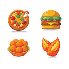 Four delicious fast food icons pizza burger nuggets and chicken wings