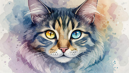 Colorful portrait of a cat with heterochromia in a watercolor style with copy space