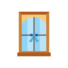 Illustration of a window with a blue ribbon bow tie on transparent background