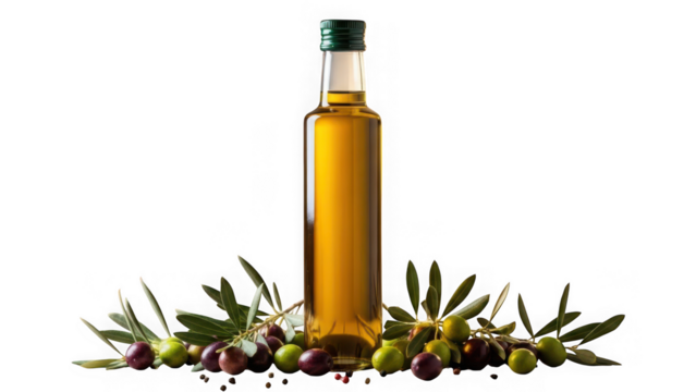Tall glass bottle of golden extra virgin olive oil surrounded by fresh green and black olives and olive tree branch leaves, isolated on transparent background