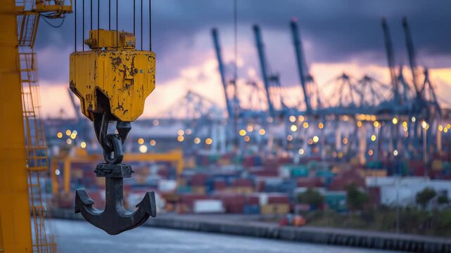 Macro detail of crane hook and cable tension as container rises, fading daylight casting dramatic shadows over port terminal and other cranes
