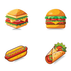 Four delicious fast food icons burger sandwich hot dog and wrap