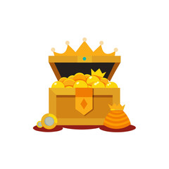 Open treasure chest overflowing with golden coins on transparent background