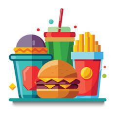 Vibrant cartoon fast food meal with drinks and fries