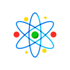 Atom model with blue orbits and colorful particles on transparent background