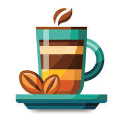 Stylized coffee cup with layers and beans on a saucer
