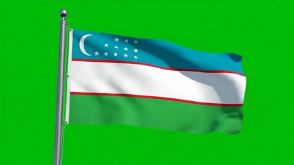 Waving Flag of Uzbekistan on Green Screen Background A Seamless Chroma Key Animation for Patriotic and National Holiday Celebrations Perfect for Digital Compositing and Motion Graphics Projects.