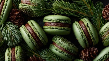 Green macarons surrounded by pine branches and cones create a festive winter dessert display