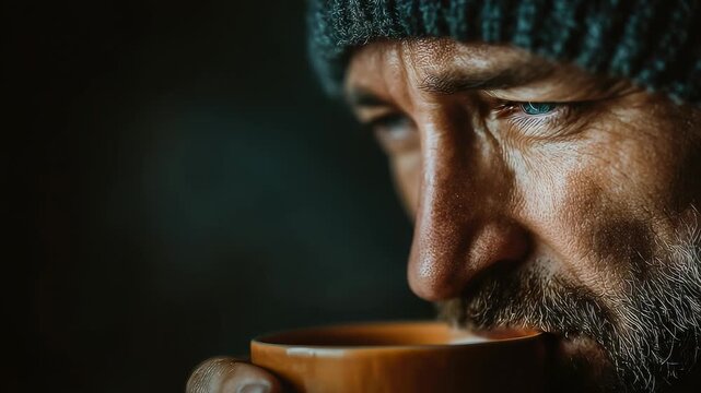 Man enjoying a warm drink while wearing a knit hat in a cozy indoor space during a chilly morning